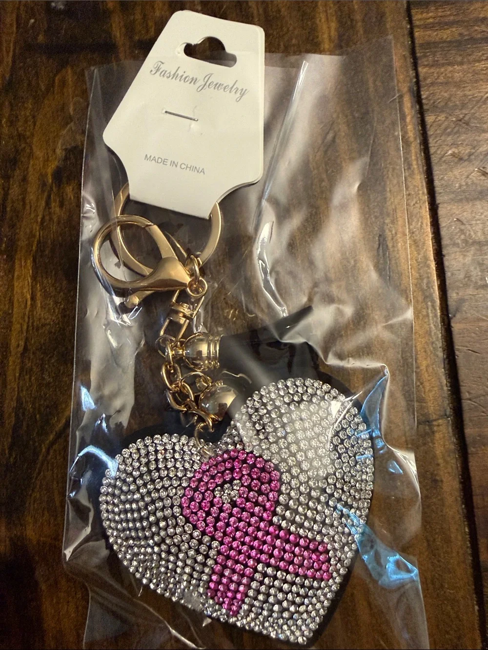 Fashion Jewelry Gold-Tone Rhinestone Heart Keychain with Pink Ribbon